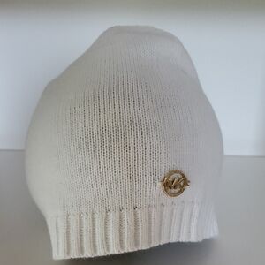 Michael Kors Cream White Knit Beanie with Gold Logo